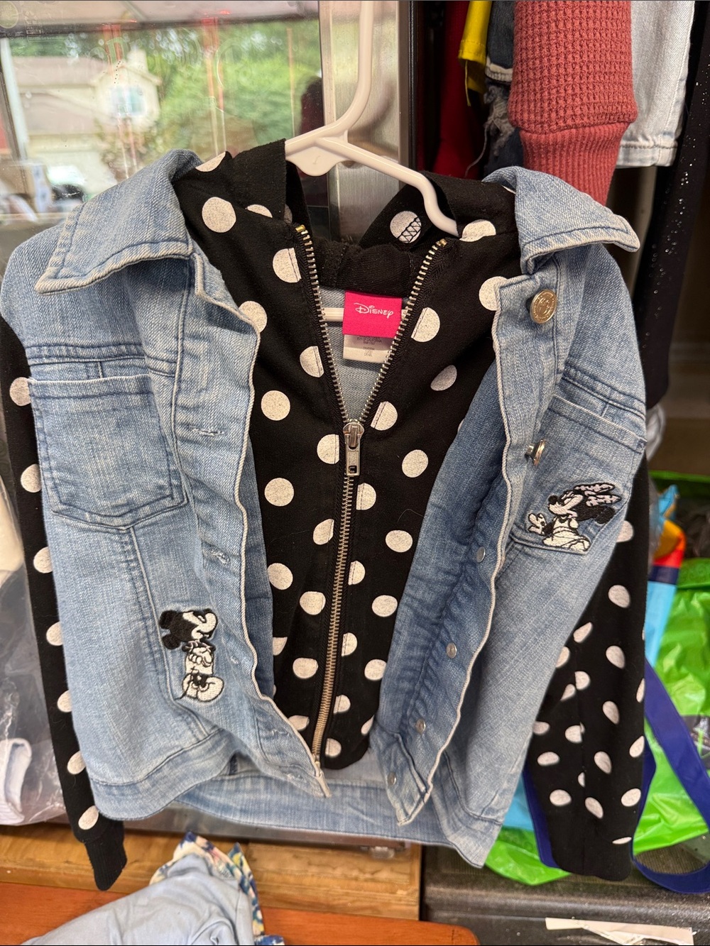 Disney Girls Embroidered Mickey and Minnie Hooded Jean Jacket